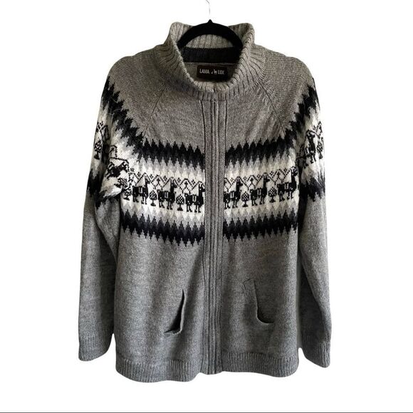 LAMA LUX Peru Zip Front Wool Cardigan Sweater Jacket Gray Black White M